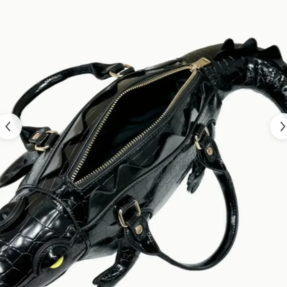 Black Alligator Crocodile Novelty Handbag Purse w/ Strap Statement Bag - Picture 8 of 11
